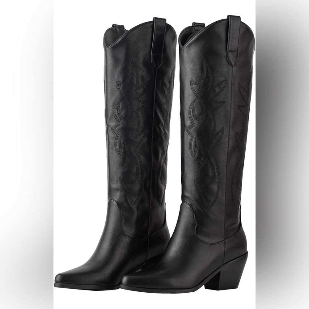 Black Tall Western Embroidered Heeled Boots